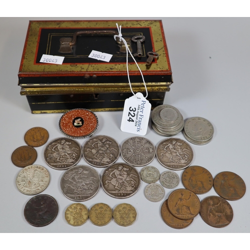 324 - Tin box comprising assorted coinage to include: five Victorian Crowns, other silver coins, vintage b... 