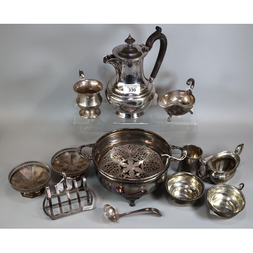 330 - Tray of silver and silver plate to include: cream jugs, bowl, toast rack, pair of pierced bonbon dis... 