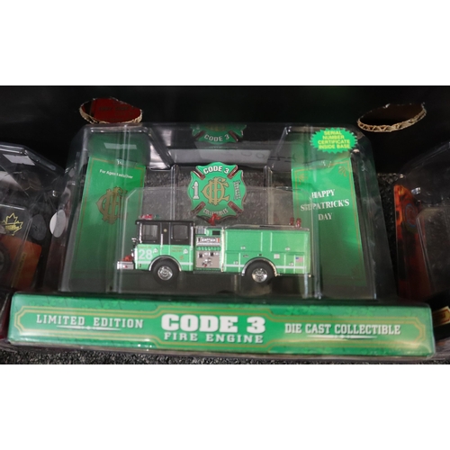 349 - Two boxes of Code 3 diecast limited edition fire engines and similar vehicles in original packaging.... 