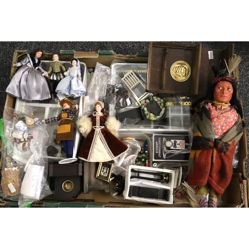 356 - Box comprising various miniature dolls, including a Skookum Indian doll, with many doll's house acce... 