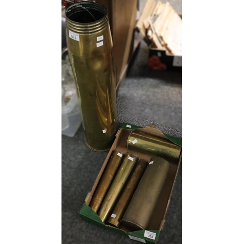 358 - Collection of six brass shell cases: 1 x 4.5 inch, 1 x 25 pounder, 2 x 2 pounders 1 x 40mm and 1 x 3... 