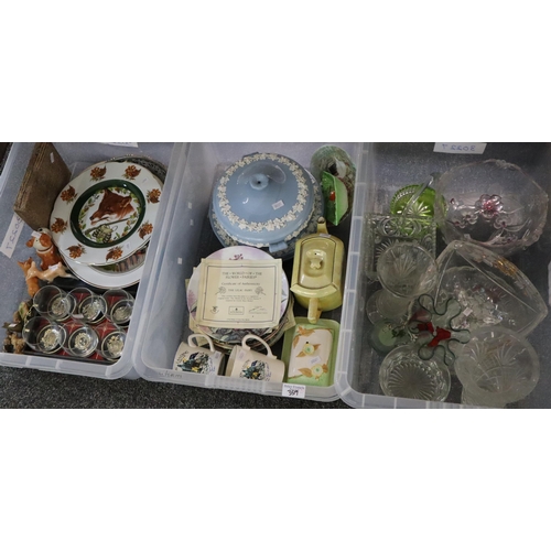 359 - Three plastic boxes of glass, china etc. to include: Wade Whimseys, ceramic animals, Collector's pla... 