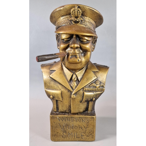 36 - Gold coloured composition/plaster bust of Winston Churchill, 'Winston's Victory Smile'. 35cm high ap... 