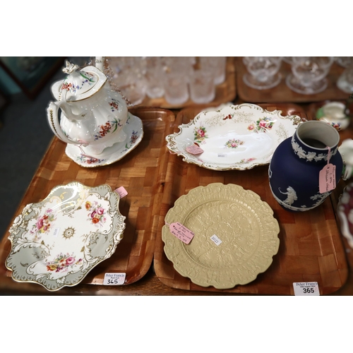 365 - Two trays of china to include: 19th century Ridgway floral plate, 19th century Coalport teapot on st... 