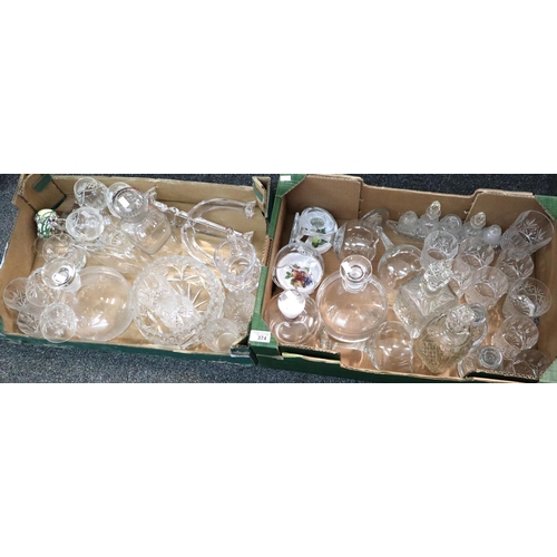 374 - Two boxes of assorted glassware to include: various decanters, drinking glasses, condiment set, bowl... 