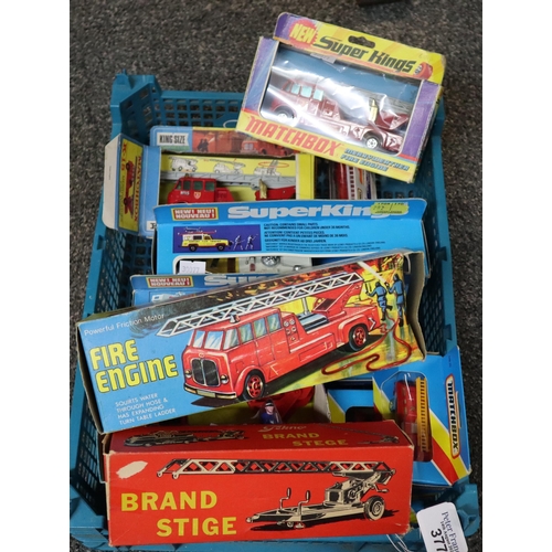 377 - Box comprising assorted diecast model Fire Engines and similar items by Matchbox, Friction, Moto, Su... 