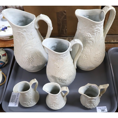 381 - Six Portmeirion Porcelain British Heritage Collection moulded Parian Ware jugs. (B.P. 21% + VAT)