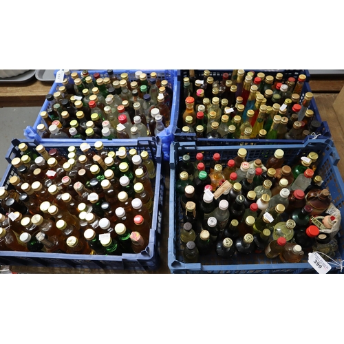 399 - Four boxes of alcohol miniatures, various to include: whiskies, Gin, liqueurs, Bacardi, vodka etc. (... 