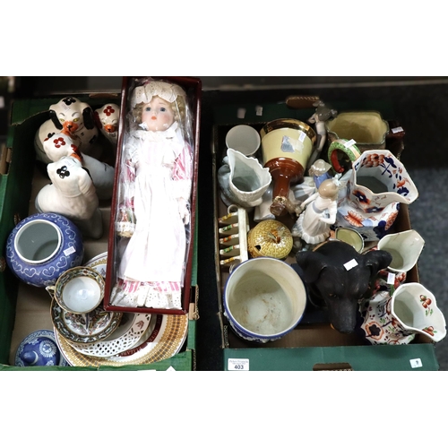 403 - Two trays of china to include: 'Imari' dresser jugs, figurines, Staffordshire style seated Spaniels,... 