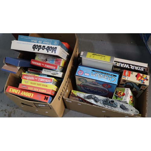 406 - Two boxes of assorted vintage games/toys to include: Lego, Star Wars, Scrabble, Lotto, Loony Links, ... 