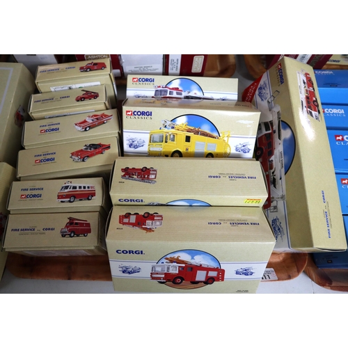 411 - Collection of Corgi diecast model Fire Engines and cars to include: Chevrolet Chicago Fire Chief, AE... 