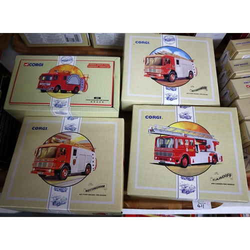 411 - Collection of Corgi diecast model Fire Engines and cars to include: Chevrolet Chicago Fire Chief, AE... 