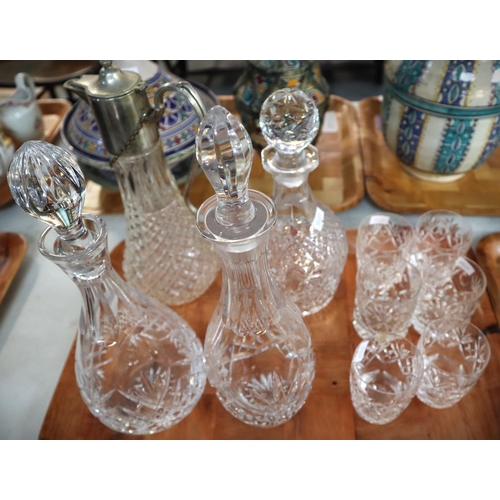 413 - Two trays of assorted glass ware to include: decanters and stoppers, Hock and other glasses together... 