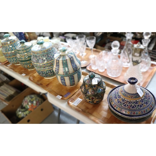 417 - Collection of Turkish hand painted pottery items to include: Tagine, together with various bowls and... 