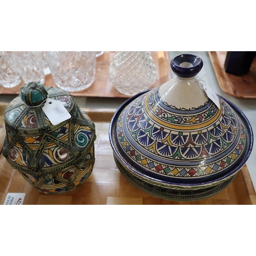 417 - Collection of Turkish hand painted pottery items to include: Tagine, together with various bowls and... 