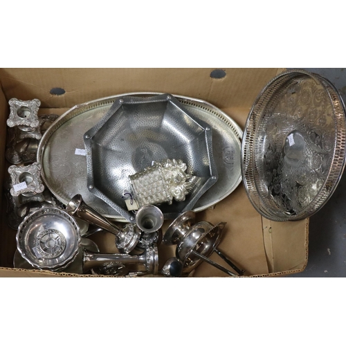 421 - Box of silver plated items to include: candlesticks, spill vases, trays etc. (B.P. 21% + VAT)