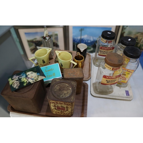 430 - Collection of vintage glass sweet jars and vintage tins together with some water advertising jugs 'D... 