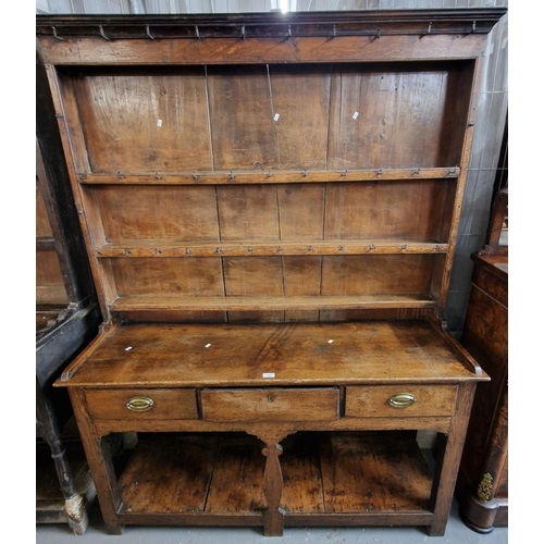 441 - 19th century oak two stage rack back pot board dresser, the moulded cornice above boarded rack, proj... 