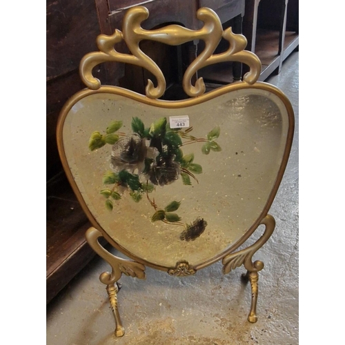 443 - Arts and Crafts design brass heart shaped mirrored fire guard with hand painted floral decoration. (... 