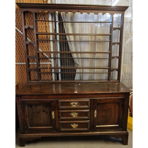 444 - 18th century oak coffer, now converted to a dresser base with associate oak open rack (a marriage). ... 