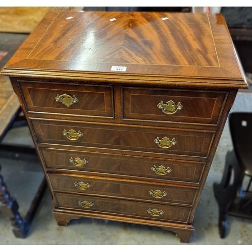 447 - George III style mahogany inlaid straight front chest of two short and four long drawers on bracket ... 