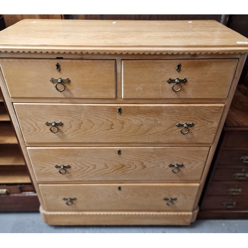 458 - Late Victorian pine straight front chest of two short and three long drawers with brass coffin handl... 