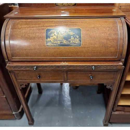 461 - Edwardian mahogany cylinder desk decorated with chinoiserie panels of flowers, foliage, pagodas and ... 