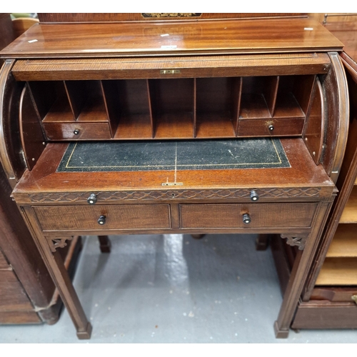 461 - Edwardian mahogany cylinder desk decorated with chinoiserie panels of flowers, foliage, pagodas and ... 