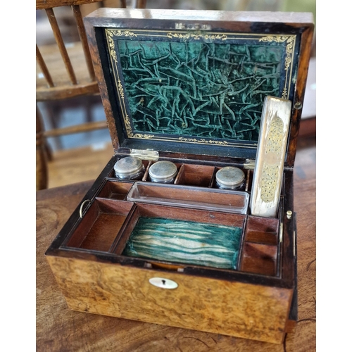 465 - 19th century burr walnut and mother of pearl vanity case, the interior comprising glass and silverpl... 