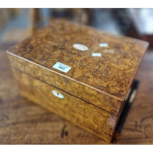 465 - 19th century burr walnut and mother of pearl vanity case, the interior comprising glass and silverpl... 