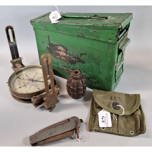 47 - Assorted militaria to include: ammunition box, inert hand grenade, clasp knife, US ammunition pouch ... 