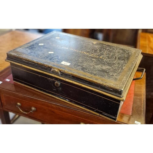 479 - Vintage japanned metal two handled legal lawyers box, the outside marked 'G Clark Williams Esq KC', ... 