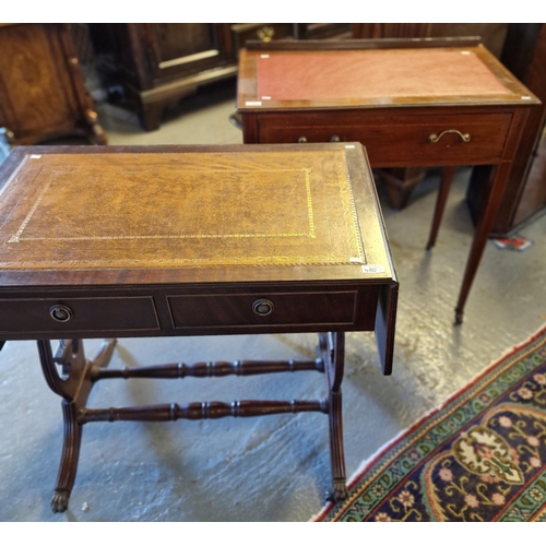 480 - Edwardian mahogany inlaid writing desk with leather top, single drawer above square tapering legs an... 