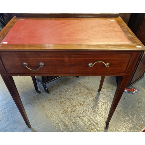 480 - Edwardian mahogany inlaid writing desk with leather top, single drawer above square tapering legs an... 