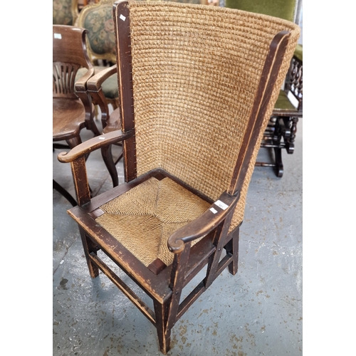 481 - Scottish Orkney beech frame open arm lambing chair with curved woven straw back and rush seat. Stand... 