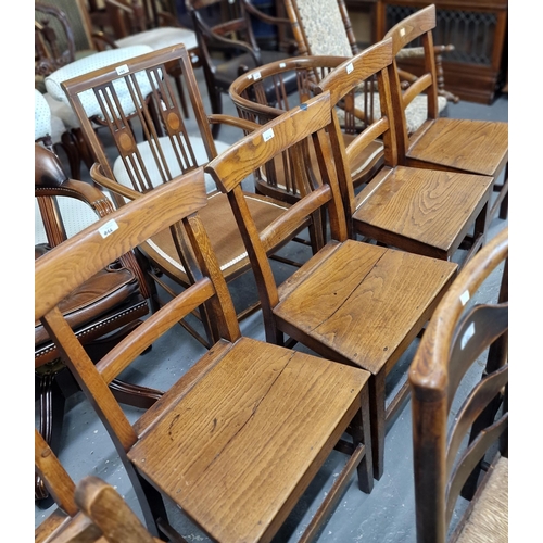 486 - Set of five early 19th century oak bar back farmhouse kitchen chairs together with another similar o... 