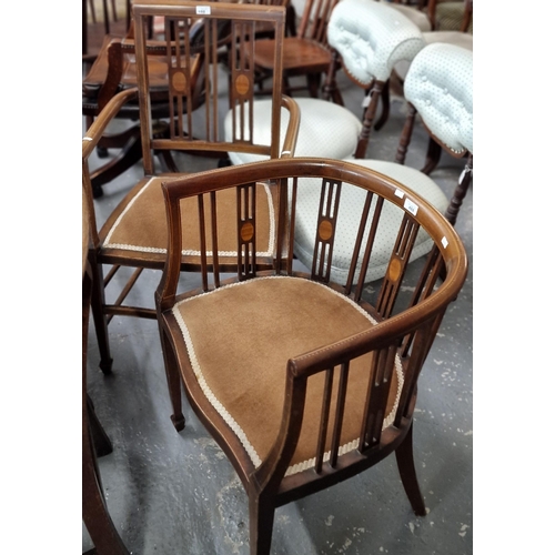 488 - Edwardian mahogany inlaid tub chair together with a similar period mahogany inlaid armchair. (2) (B.... 