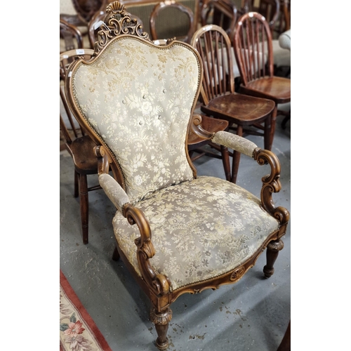 491 - Victorian style French button back salon chair having scroll open arms on vase shaped legs.  (B.P. 2... 