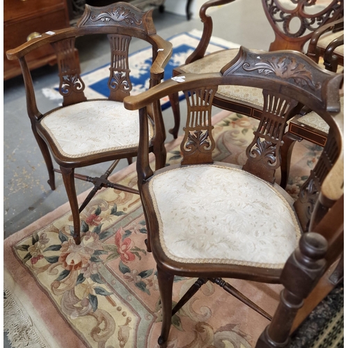 496 - Pair of Edwardian mahogany lyre back corner bedroom chairs on X stretcher supports. (2) (B.P. 21% + ... 