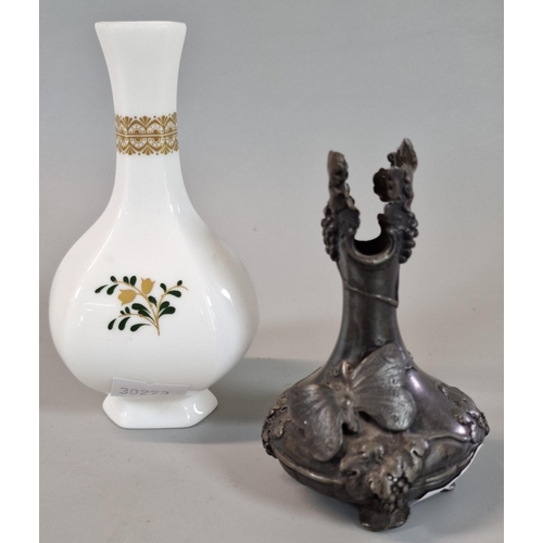 50 - Art Nouveau design pewter/white metal vase base, lacking original trumpet vase, together with a Worc... 