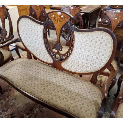 501 - Edwardian mahogany inlaid and mixed woods parlour suite comprising: large two seater sofa, pair of c... 