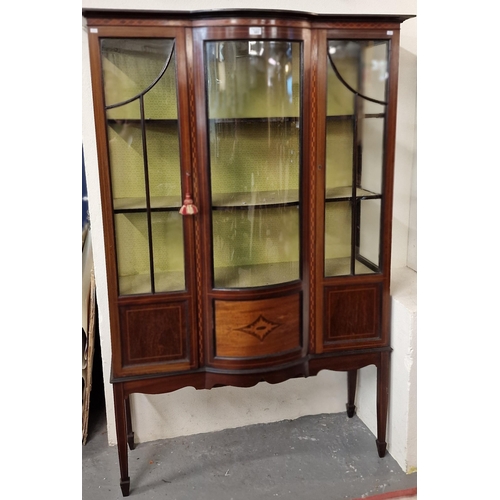 502 - Edwardian mahogany and parquetry inlaid bow front display cabinet. 116x42x74cm approx.  (B.P. 21% + ... 