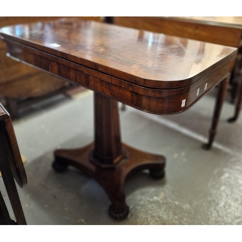 526 - 19th century rosewood fold-over card table, the green baize above vase pedestal on quatrefoil base w... 