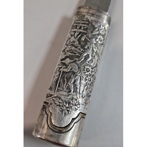 53 - Japanese silver plated mounted Aikuchi Tanto, overall repoussé decorated with figures, flowers and m... 