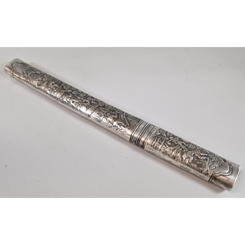 53 - Japanese silver plated mounted Aikuchi Tanto, overall repoussé decorated with figures, flowers and m... 