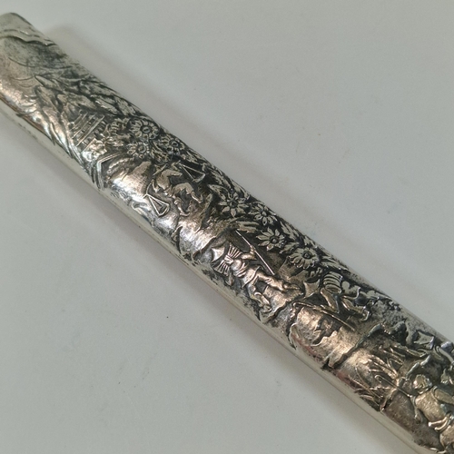 53 - Japanese silver plated mounted Aikuchi Tanto, overall repoussé decorated with figures, flowers and m... 