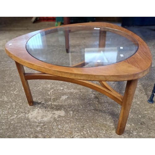 539 - Mid century teak G-Plan style glass top triangular shaped coffee table (B.P. 21% + VAT)