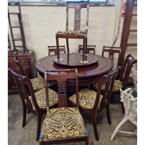 545 - Chinese hardwood drum  dining table with stepped 'Lazy Susan' type revolving upper surfaces on a flu... 