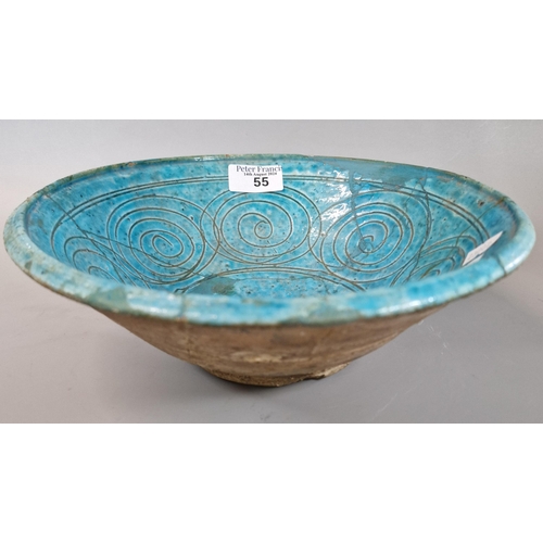 55 - Ancient Persian turquoise ground Bamiyan bowl. 25cm diameter approx. (B.P. 21% + VAT)