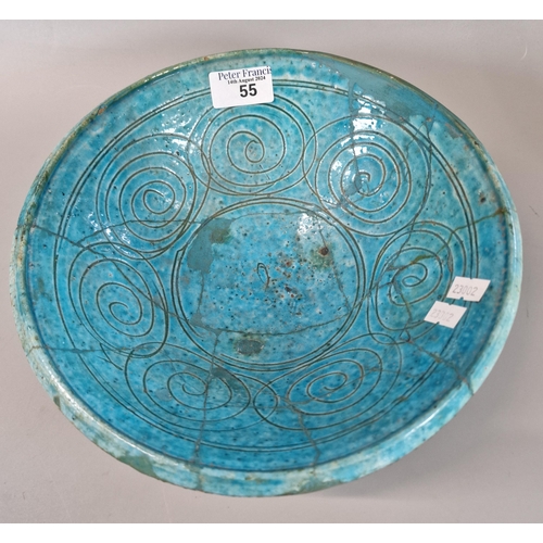 55 - Ancient Persian turquoise ground Bamiyan bowl. 25cm diameter approx. (B.P. 21% + VAT)